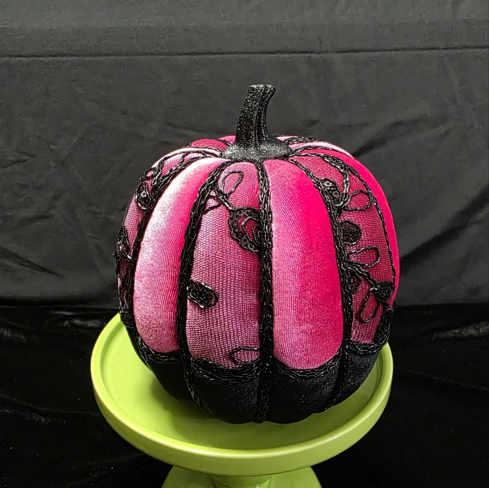 Glam Velvet Pumpkin, Hot Pink w/Black Velvet‎ Pumpkins, Black Lace, Cording